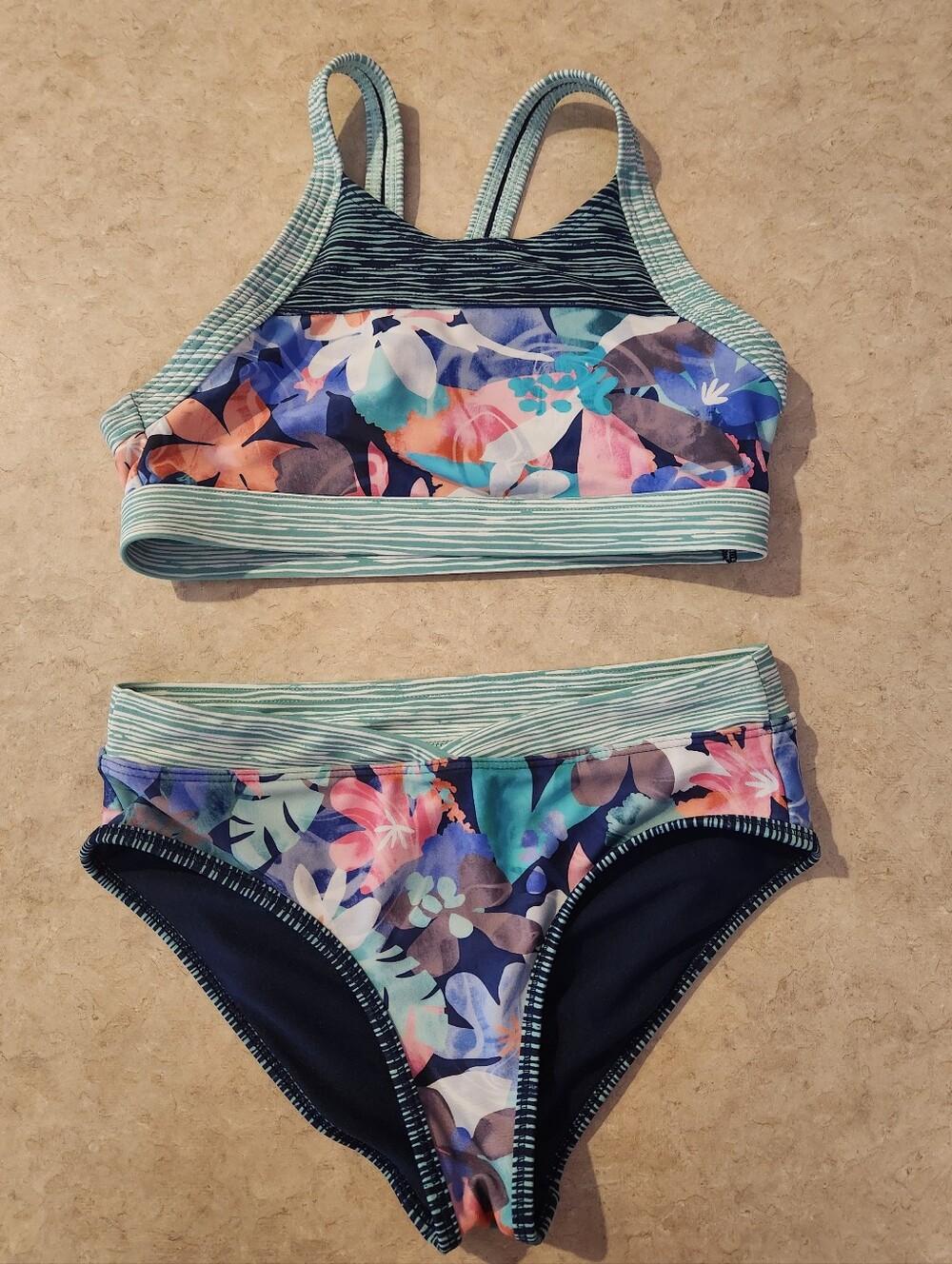 Athleta Girl Floral Two-Piece Swim Set in Aqua and Navy